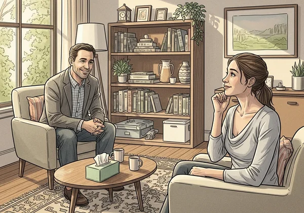 A person talking to a therapist in a supportive setting.