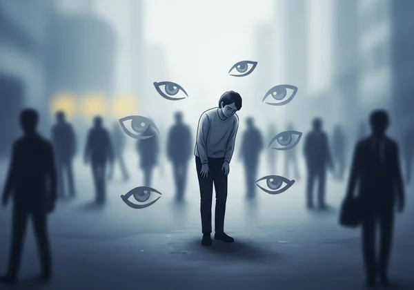 Person feeling judged and anxious in a social situation.