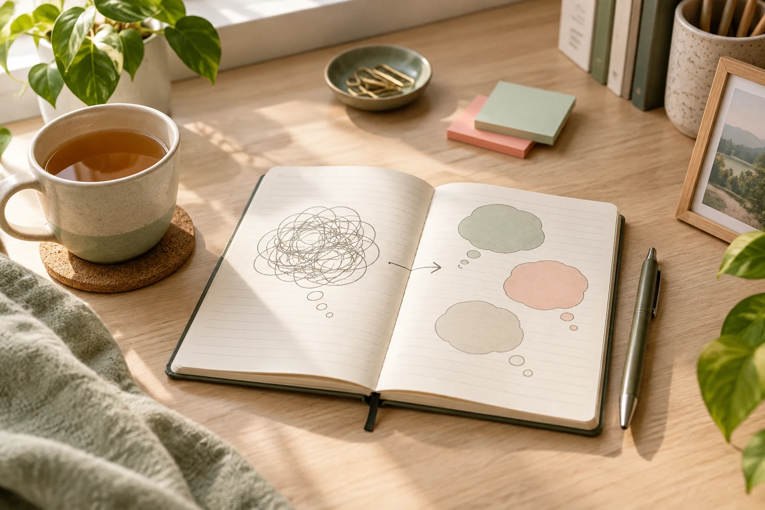 Calm desk with thought notes