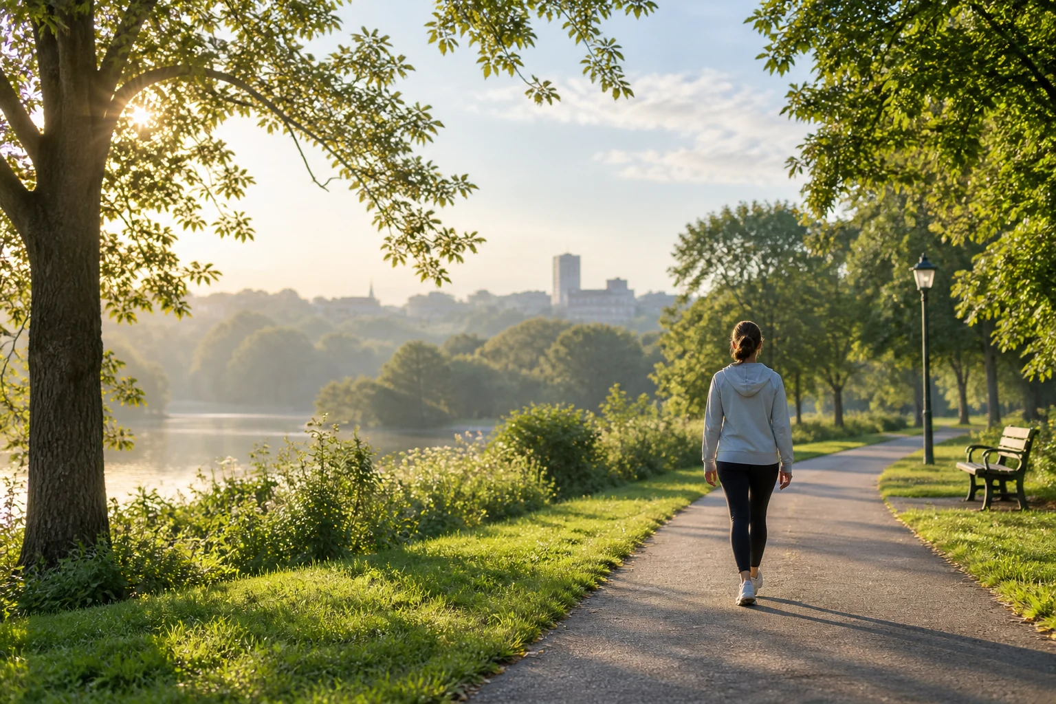 Person walking through calm park